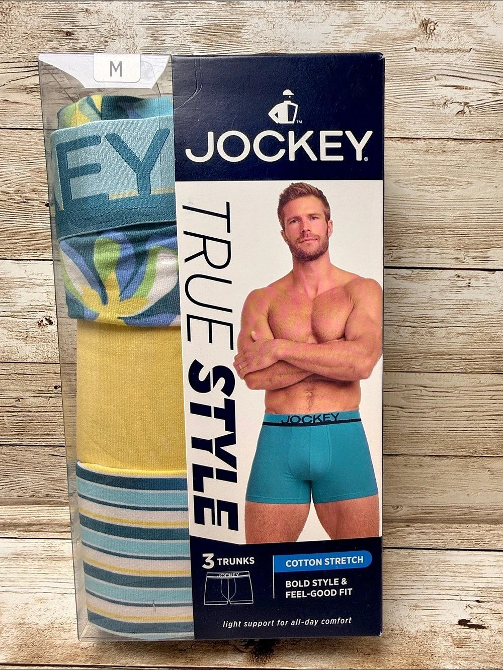 Jockey True Style Men's Cotton Stretch Trunks Blue & Yellow Size Medium NEW